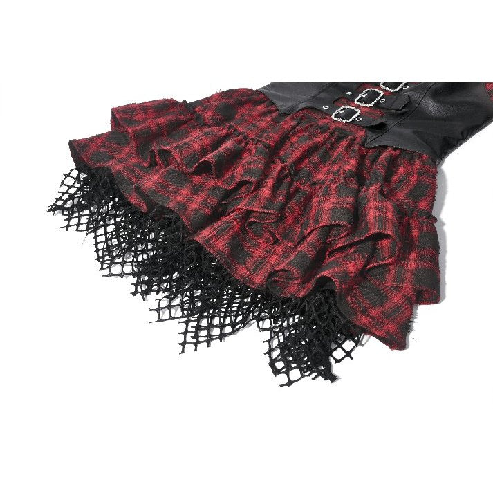 Dark in Love Punk Dress Red-Black Plaid Leather Layered Sweetcore - QHA UK