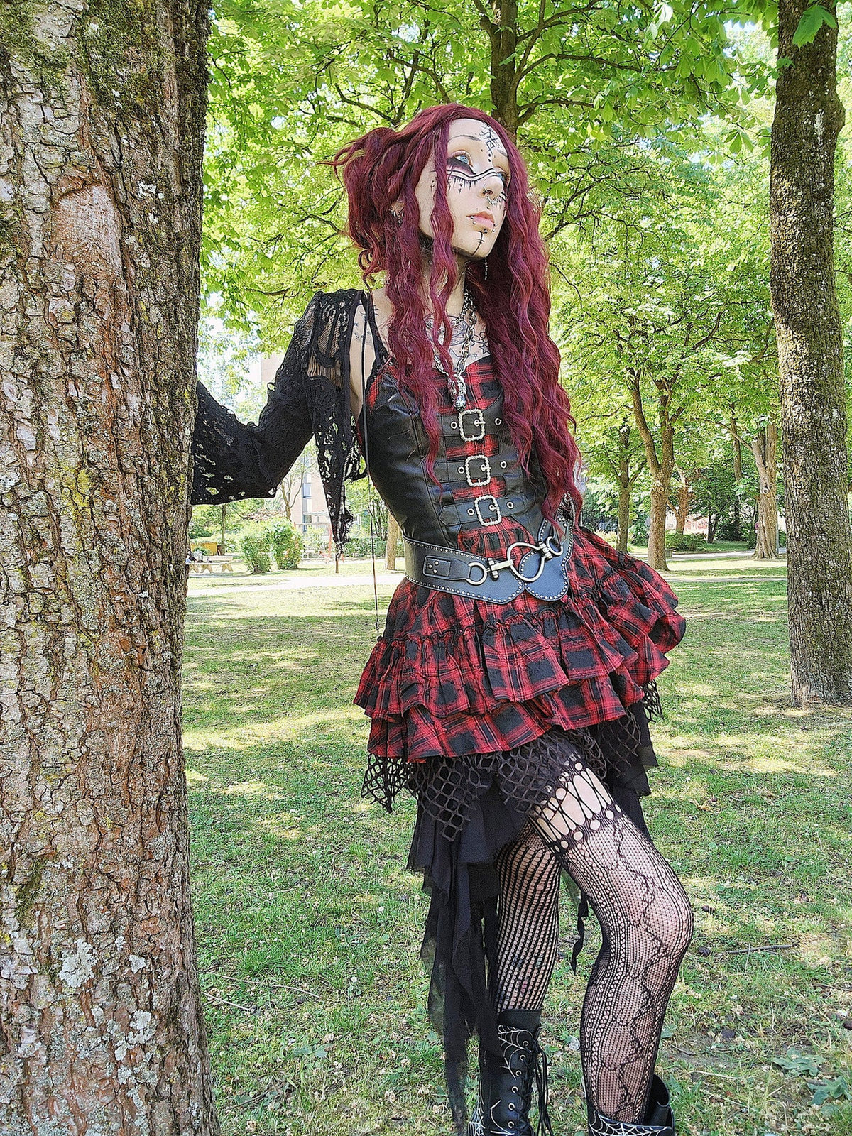Dark in Love Punk Dress Red-Black Plaid Leather Layered Sweetcore - QHA UK
