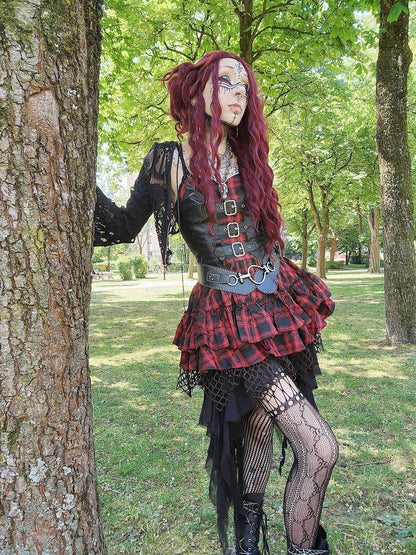 Dark in Love Punk Dress Red-Black Plaid Leather Layered Sweetcore - QHA UK