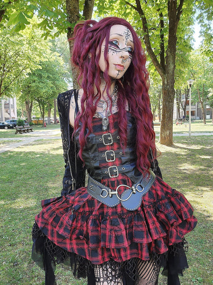 Dark in Love Punk Dress Red-Black Plaid Leather Layered Sweetcore - QHA UK