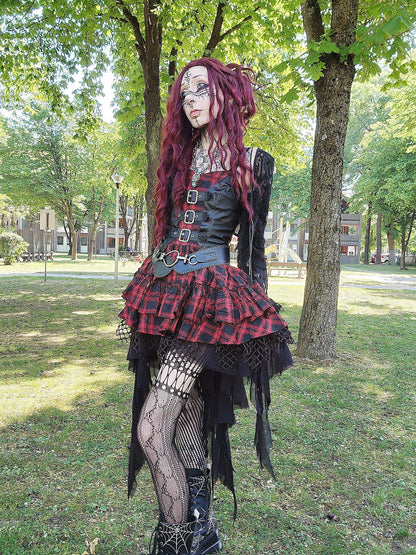 Dark in Love Punk Dress Red-Black Plaid Leather Layered Sweetcore - QHA UK