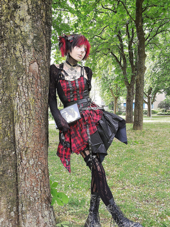 Dark in Love Punk Dress Red Tartan Corset with Handkerchief Skirt - QHA UK