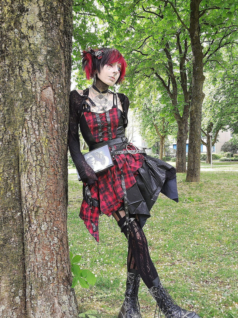 Dark in Love Punk Dress Red Tartan Corset with Handkerchief Skirt - QHA UK