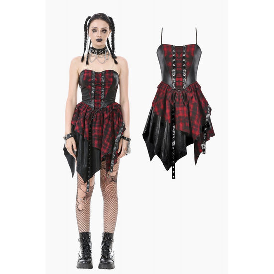 Dark in Love Punk Dress Red Tartan Corset with Handkerchief Skirt - QHA UK