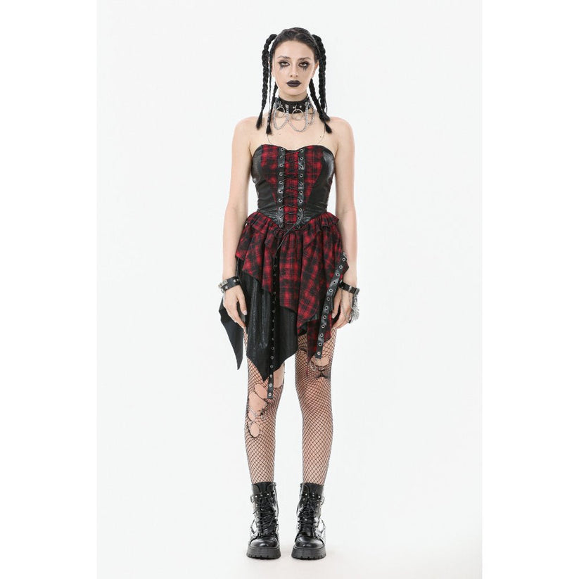 Dark in Love Punk Dress Red Tartan Corset with Handkerchief Skirt - QHA UK