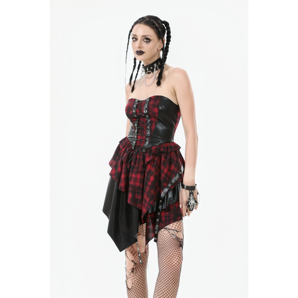 Dark in Love Punk Dress Red Tartan Corset with Handkerchief Skirt - QHA UK