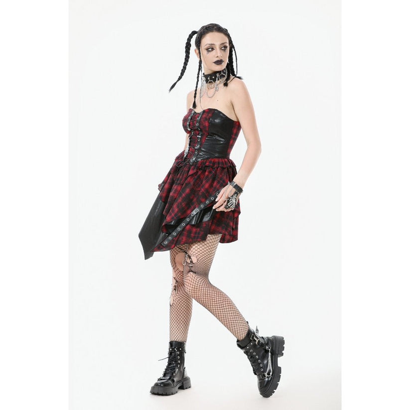 Dark in Love Punk Dress Red Tartan Corset with Handkerchief Skirt - QHA UK