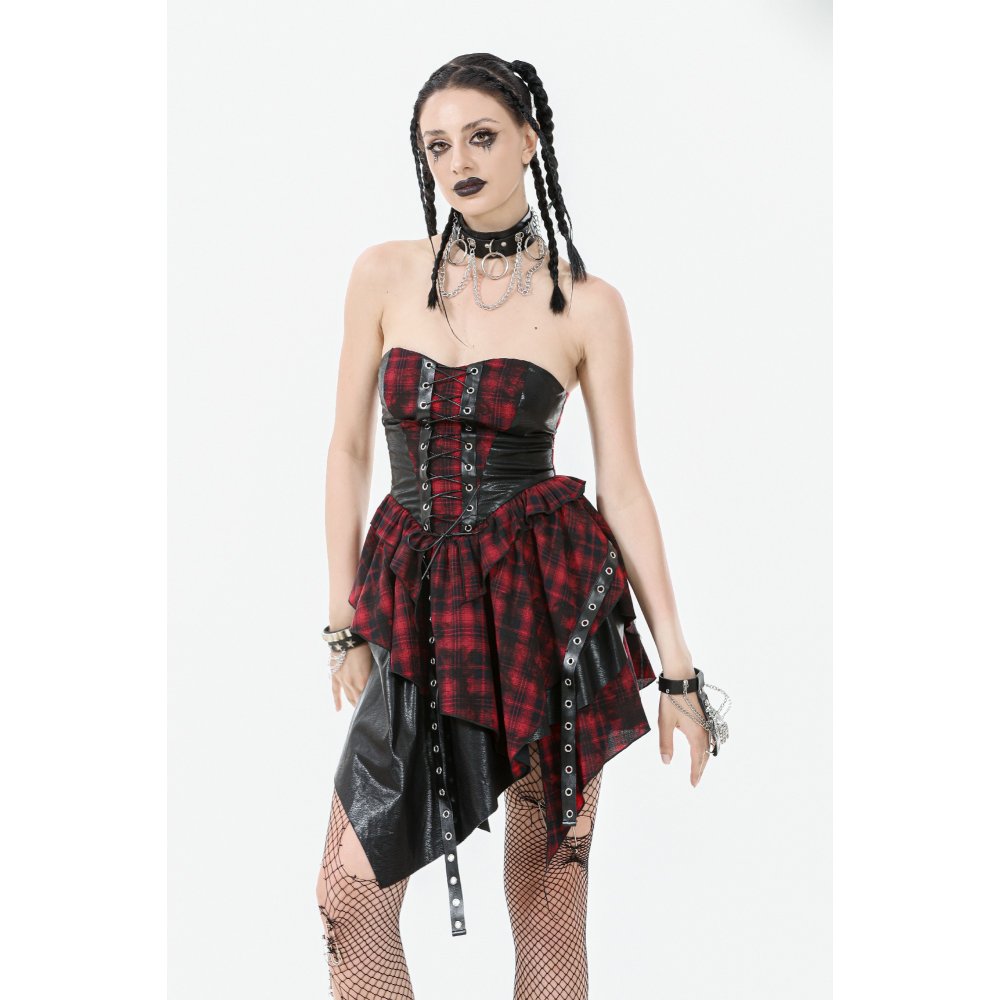 Dark in Love Punk Dress Red Tartan Corset with Handkerchief Skirt - QHA UK