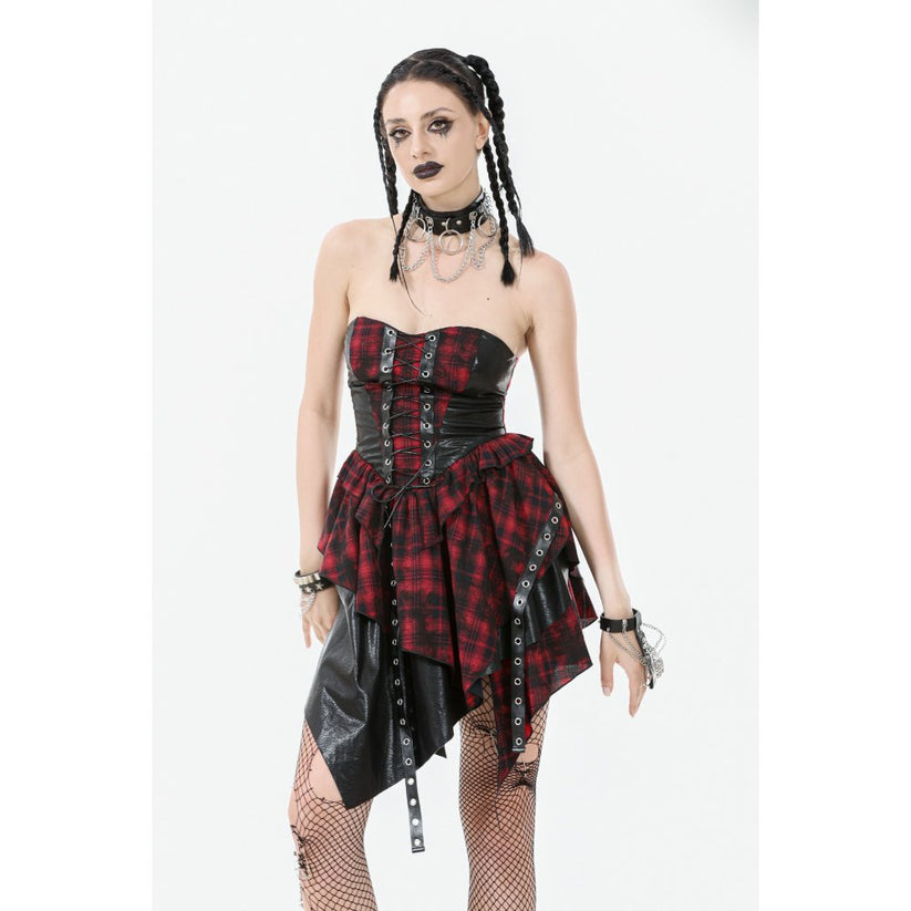 Dark in Love Punk Dress Red Tartan Corset with Handkerchief Skirt - QHA UK
