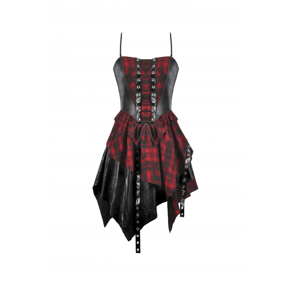 Dark in Love Punk Dress Red Tartan Corset with Handkerchief Skirt - QHA UK