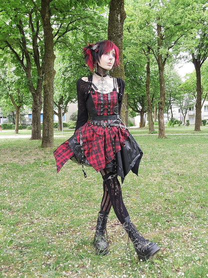 Dark in Love Punk Dress Red Tartan Corset with Handkerchief Skirt - QHA UK