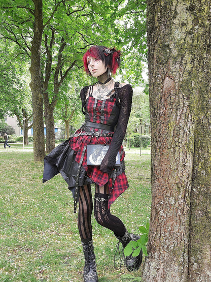 Dark in Love Punk Dress Red Tartan Corset with Handkerchief Skirt - QHA UK