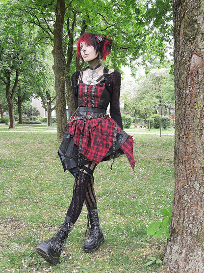 Dark in Love Punk Dress Red Tartan Corset with Handkerchief Skirt - QHA UK