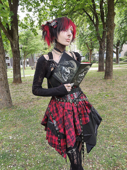 Dark in Love Punk Dress Red Tartan Corset with Handkerchief Skirt - QHA UK