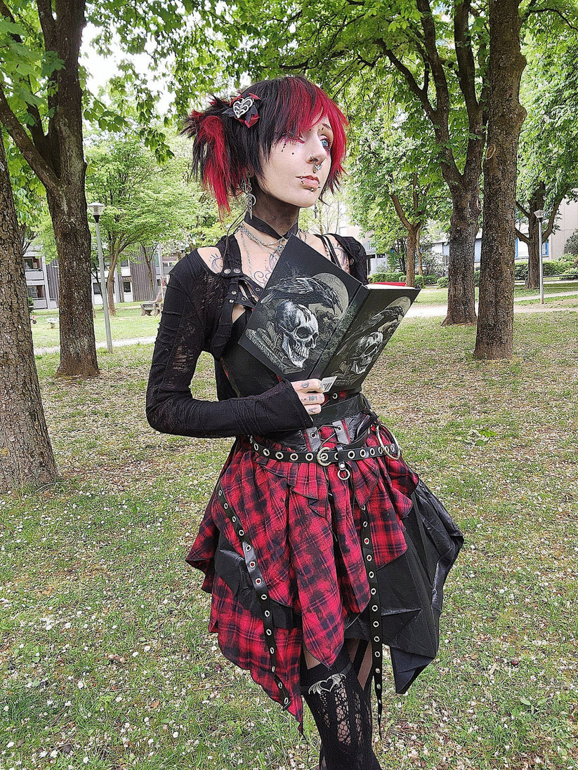 Dark in Love Punk Dress Red Tartan Corset with Handkerchief Skirt - QHA UK