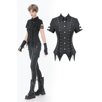Dark in Love Women's Gothic Shirt Ruptured Lace-Up D-Ring Hardware - QHA UK