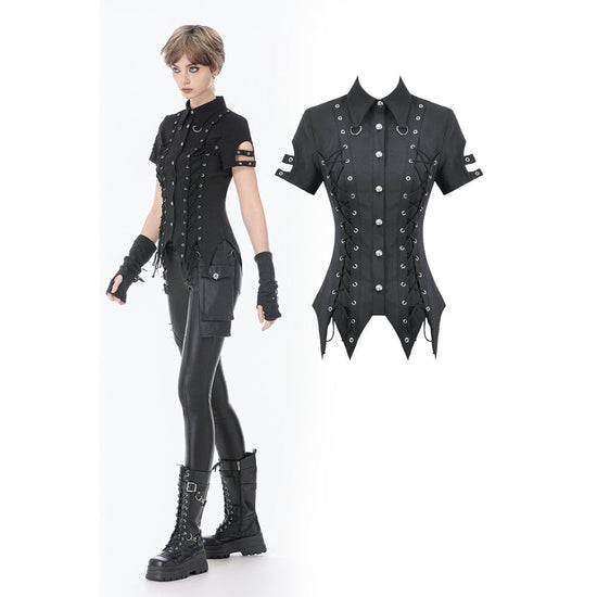 Dark in Love Women's Gothic Shirt Ruptured Lace-Up D-Ring Hardware - QHA UK