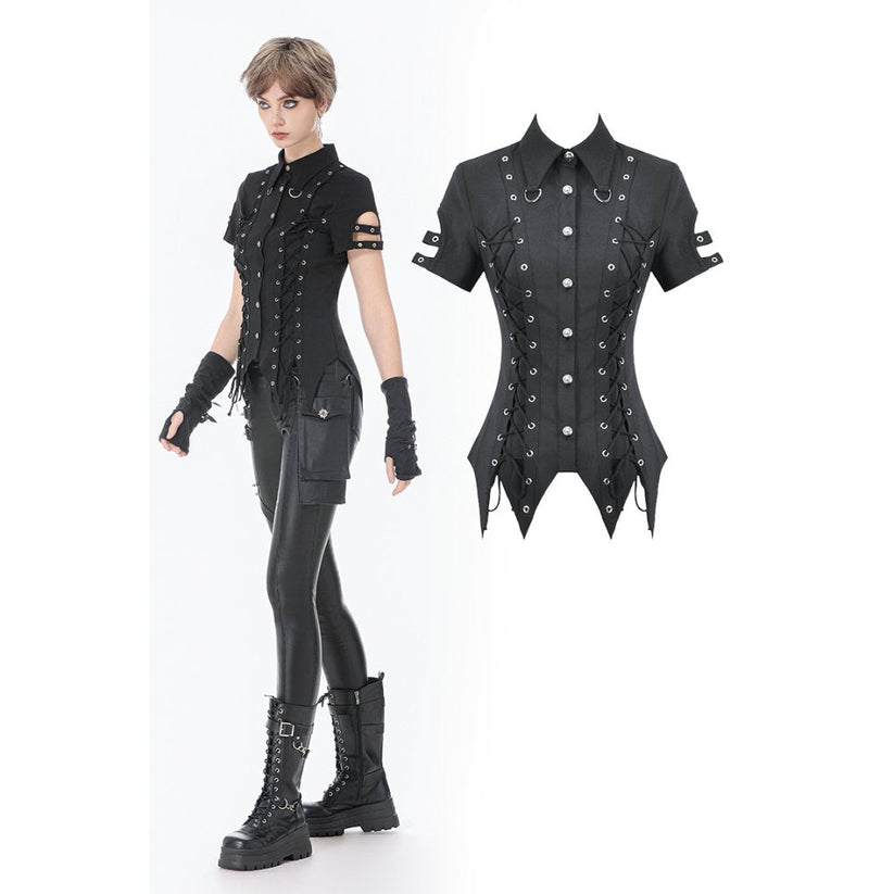 Dark in Love Women's Gothic Shirt Ruptured Lace-Up D-Ring Hardware - QHA UK