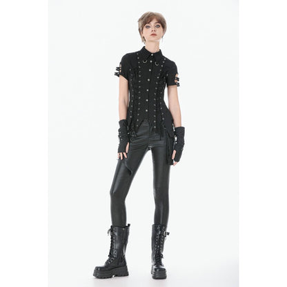 Dark in Love Women's Gothic Shirt Ruptured Lace-Up D-Ring Hardware - QHA UK