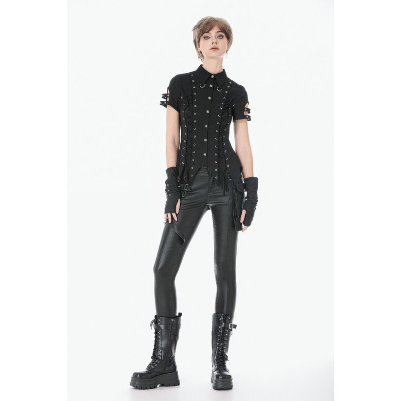Dark in Love Women's Gothic Shirt Ruptured Lace-Up D-Ring Hardware - QHA UK