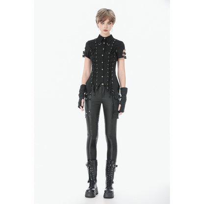 Dark in Love Women's Gothic Shirt Ruptured Lace-Up D-Ring Hardware - QHA UK