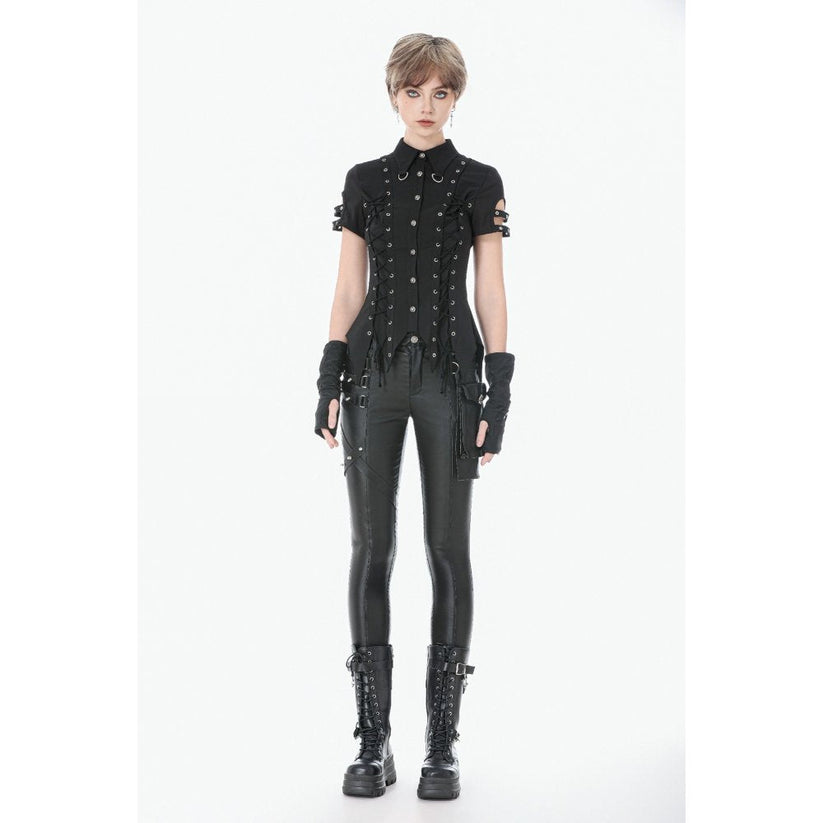 Dark in Love Women's Gothic Shirt Ruptured Lace-Up D-Ring Hardware - QHA UK