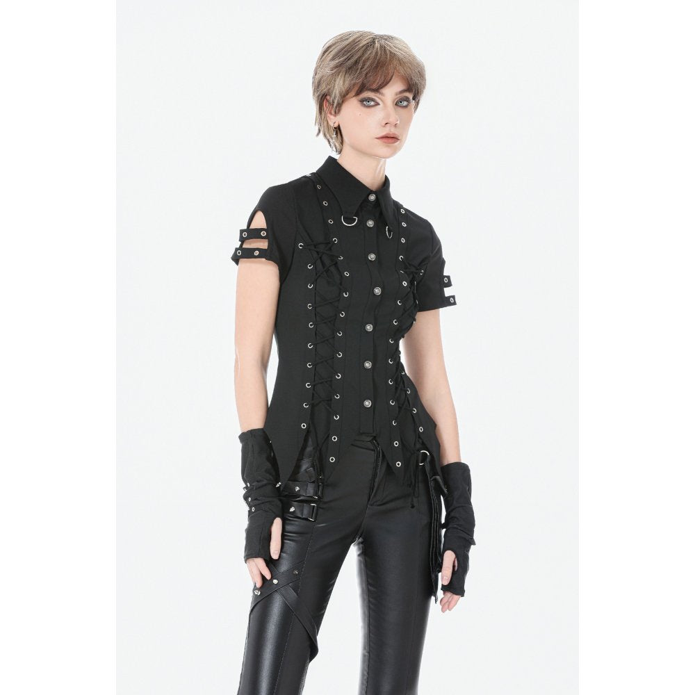 Dark in Love Women's Gothic Shirt Ruptured Lace-Up D-Ring Hardware - QHA UK