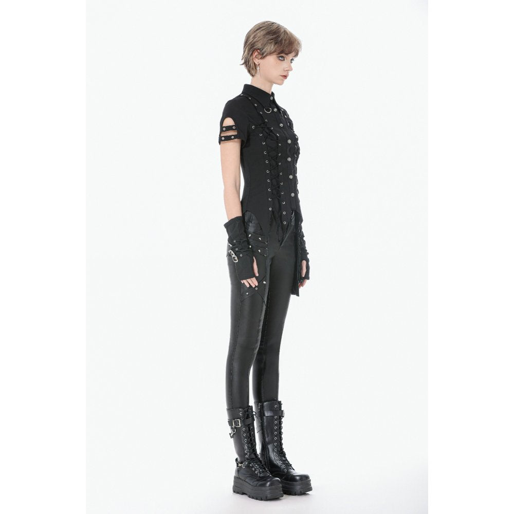 Dark in Love Women's Gothic Shirt Ruptured Lace-Up D-Ring Hardware - QHA UK