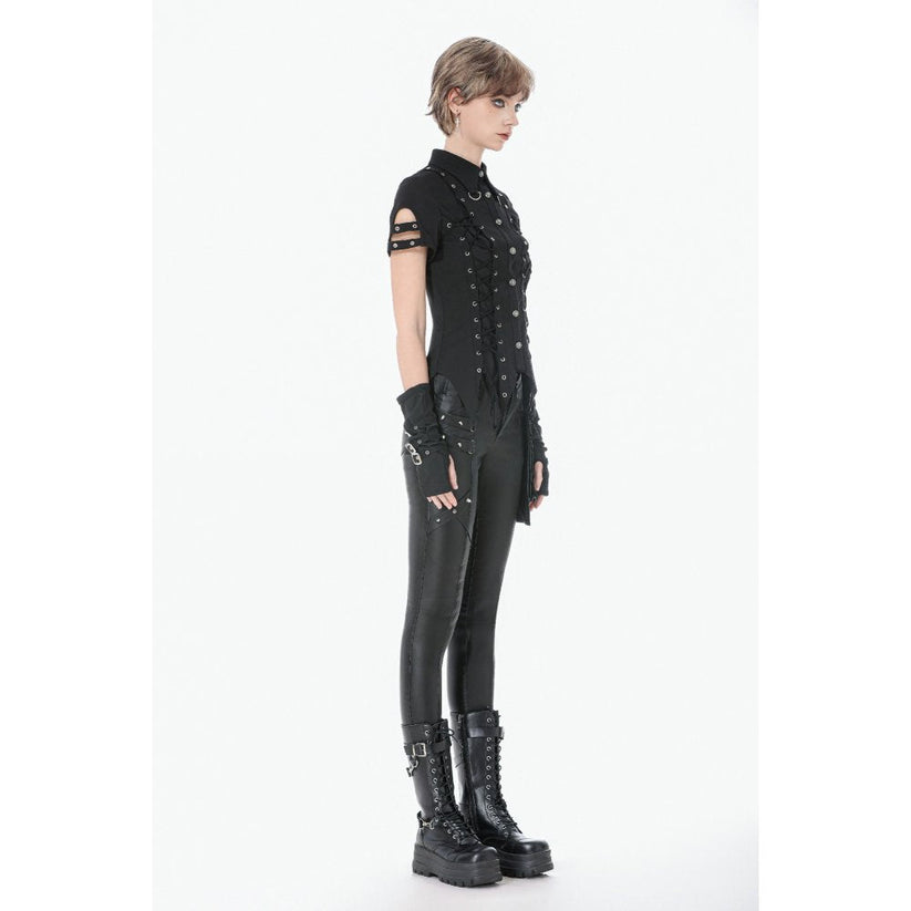 Dark in Love Women's Gothic Shirt Ruptured Lace-Up D-Ring Hardware - QHA UK