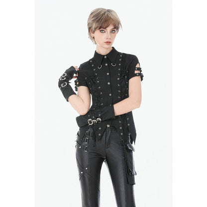 Dark in Love Women's Gothic Shirt Ruptured Lace-Up D-Ring Hardware - QHA UK