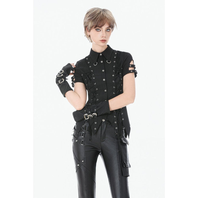Dark in Love Women's Gothic Shirt Ruptured Lace-Up D-Ring Hardware - QHA UK