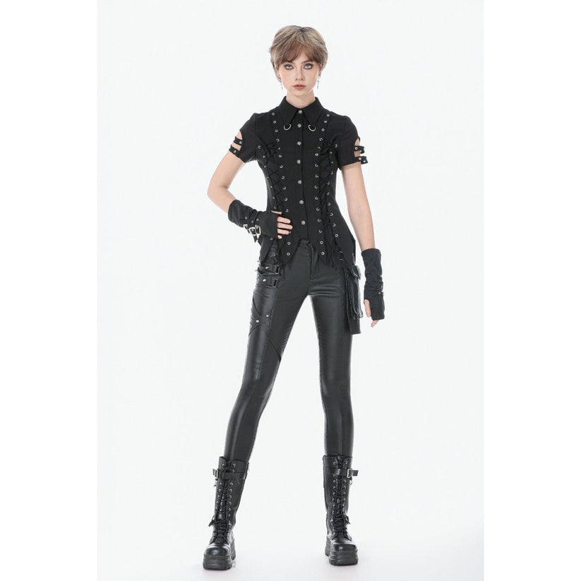 Dark in Love Women's Gothic Shirt Ruptured Lace-Up D-Ring Hardware - QHA UK