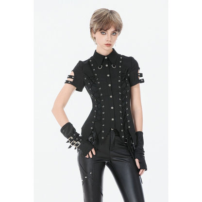 Dark in Love Women's Gothic Shirt Ruptured Lace-Up D-Ring Hardware - QHA UK