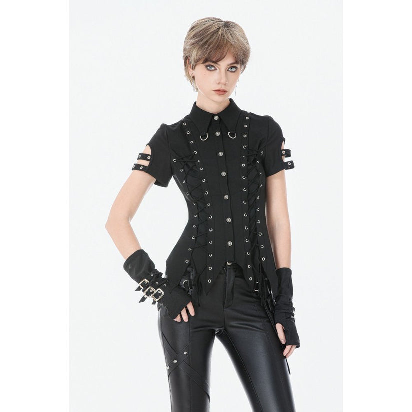 Dark in Love Women's Gothic Shirt Ruptured Lace-Up D-Ring Hardware - QHA UK