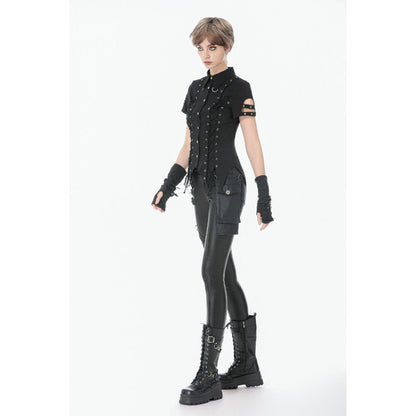 Dark in Love Women's Gothic Shirt Ruptured Lace-Up D-Ring Hardware - QHA UK