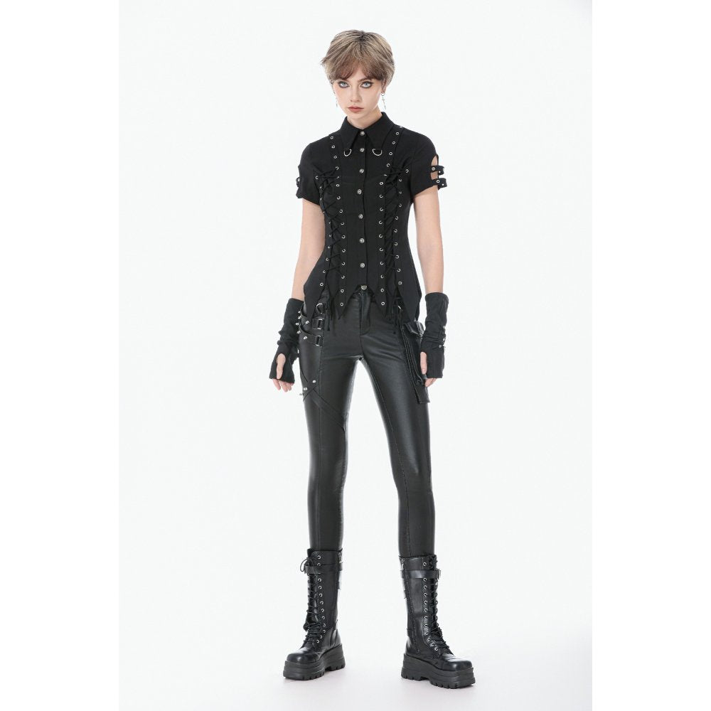 Dark in Love Women's Gothic Shirt Ruptured Lace-Up D-Ring Hardware - QHA UK