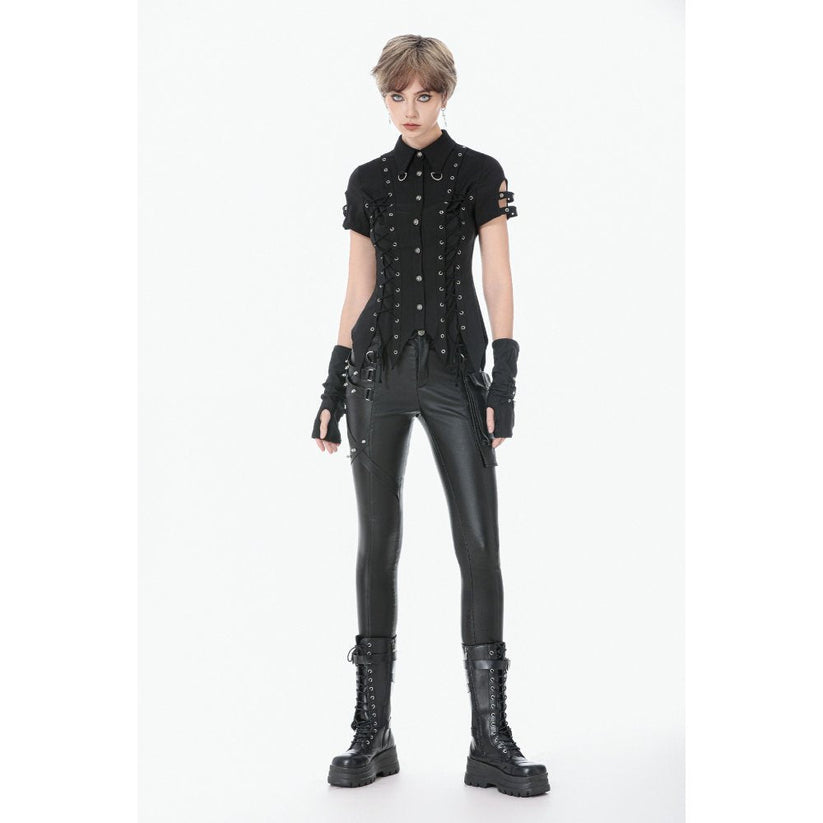 Dark in Love Women's Gothic Shirt Ruptured Lace-Up D-Ring Hardware - QHA UK