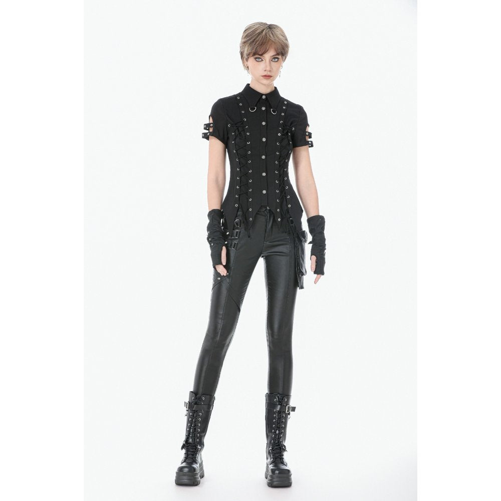 Dark in Love Women's Gothic Shirt Ruptured Lace-Up D-Ring Hardware - QHA UK