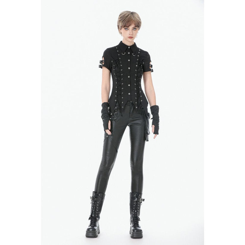 Dark in Love Women's Gothic Shirt Ruptured Lace-Up D-Ring Hardware - QHA UK