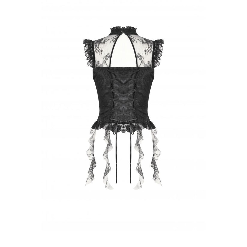 Dark in Love Women's Gothic Blouse Seraphina Ruched Lace Black UK 8-22 - QHA UK