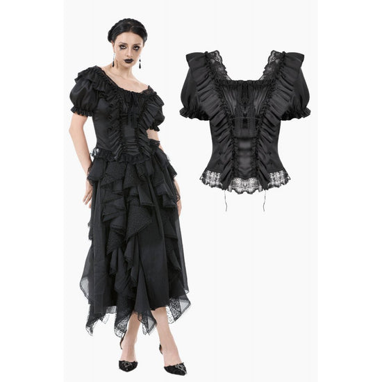 Dark in Love Women's Corset Top Seraphina Ruched Puff-Sleeve Black - QHA UK