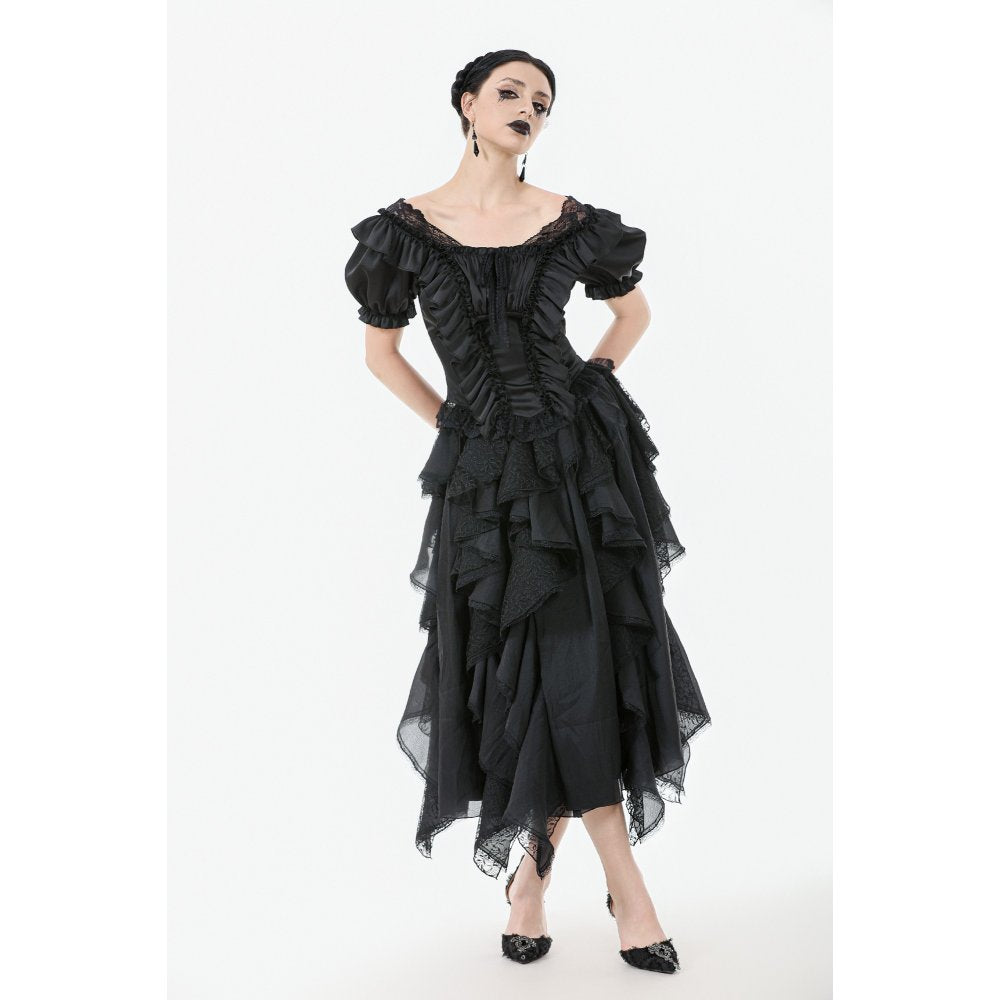 Dark in Love Women's Corset Top Seraphina Ruched Puff-Sleeve Black - Sleeve Detail - QHA UK