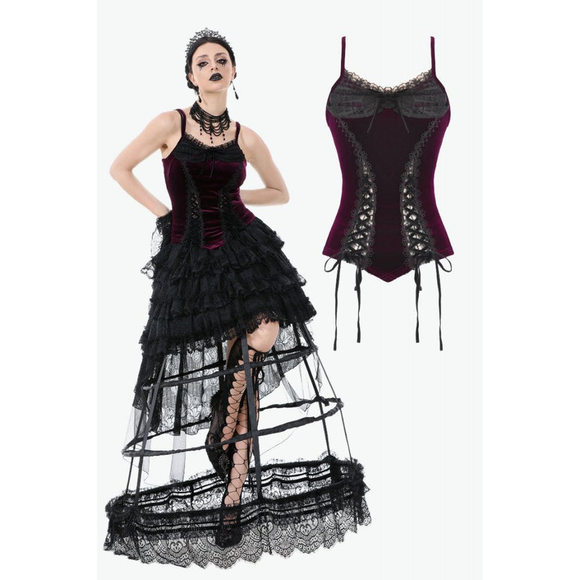 Dark in Love Women's Corset Top Serilda Velvet Lace in Wine Red - QHA UK