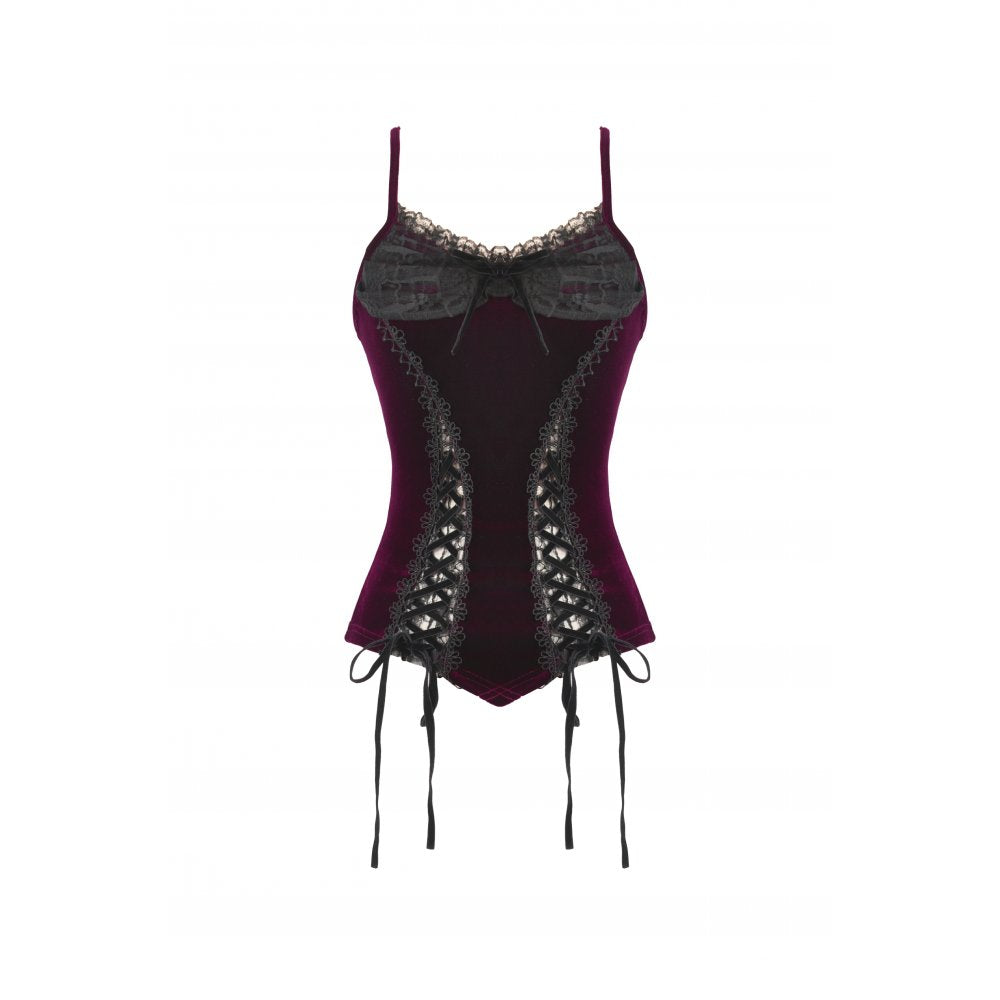 Dark in Love Women's Corset Top Serilda Velvet Lace in Wine Red - QHA UK