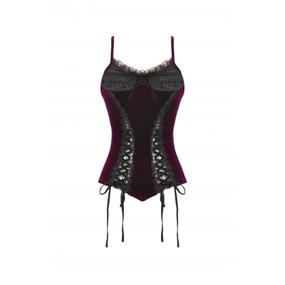 Dark in Love Women's Corset Top Serilda Velvet Lace in Wine Red - QHA UK