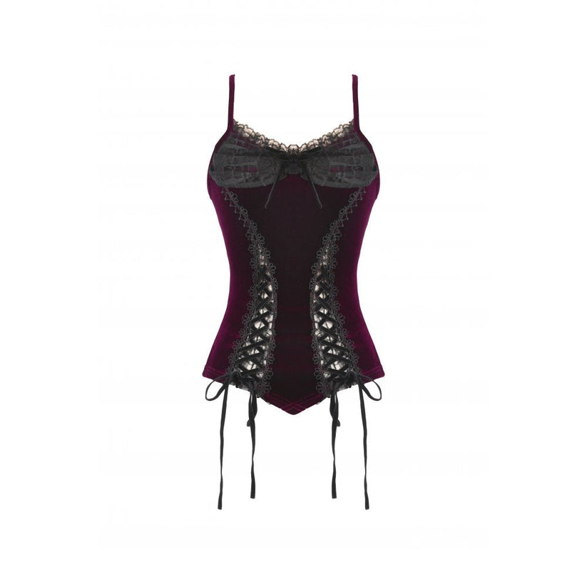 Dark in Love Women's Corset Top Serilda Velvet Lace in Wine Red - QHA UK