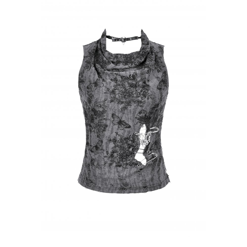 Dark in Love Women's Gothic Vest Top Shredded Butterfly Print Halter - Pattern Detail - QHA UK