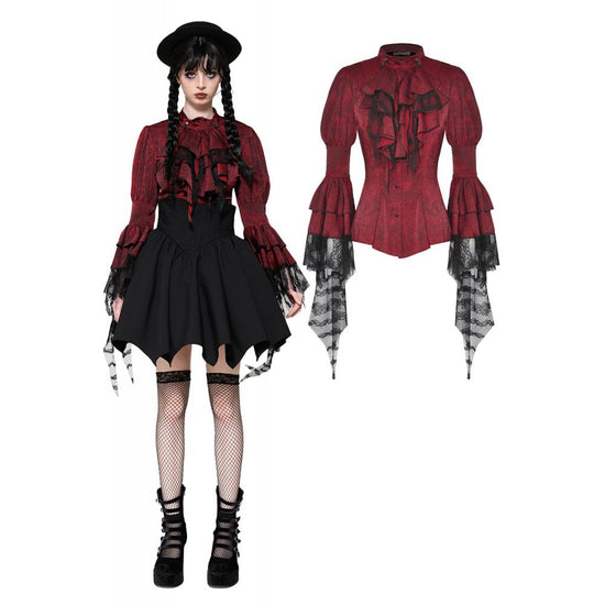 Dark in Love Blouse Vampiretta Red Distressed Effect Frilly UK 8-18 - QHA UK