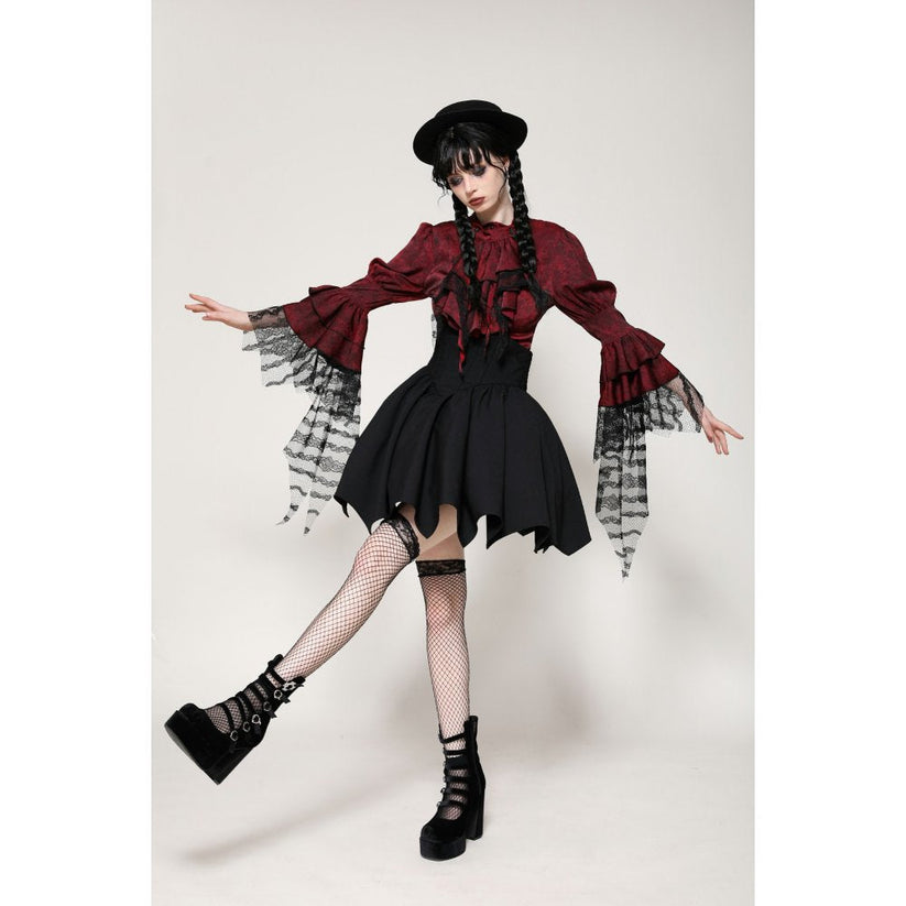 Dark in Love Blouse Vampiretta Red Distressed Effect Frilly UK 8-18 - QHA UK