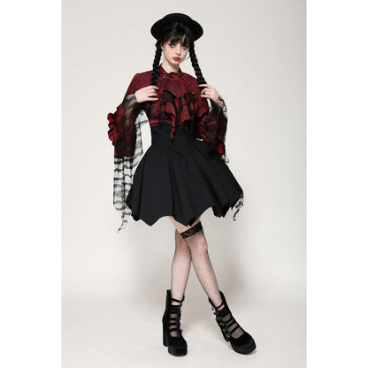 Dark in Love Blouse Vampiretta Red Distressed Effect Frilly UK 8-18 - QHA UK